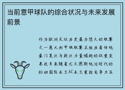 当前意甲球队的综合状况与未来发展前景